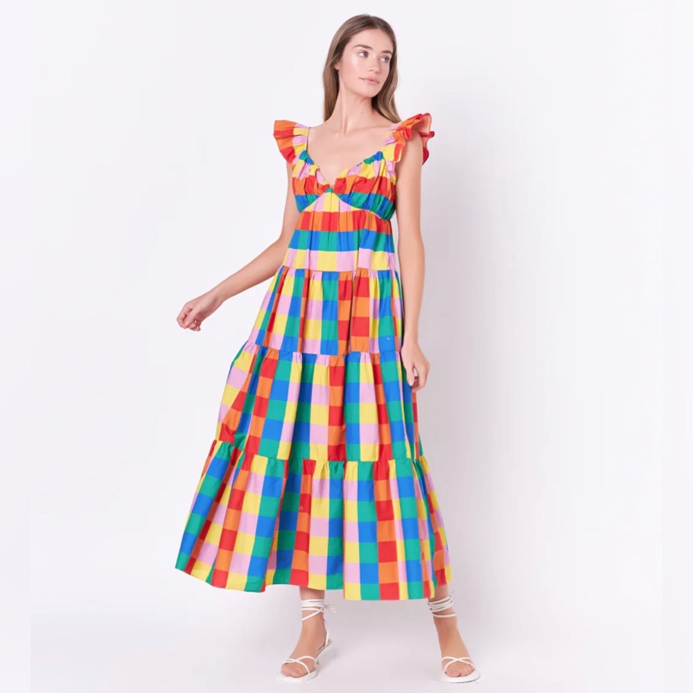 English Factory Printed Multi Check Shirred Maxi Dress in size Large. NEVER WORN